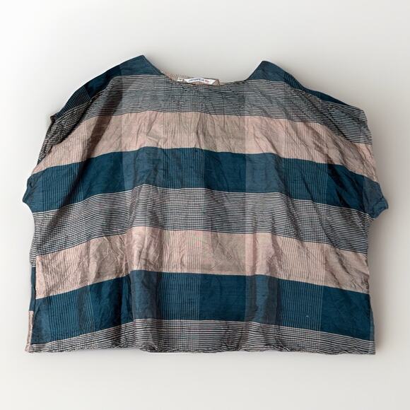 VTG Japanalia Women's Size M Blouse Top Oversized Silk Plaid Blue Beige USA Made - Picture 1 of 7